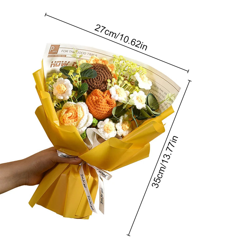 Finished Knitted Flowers Bouquet | Artificial Sunflower Rose Crochet Flowers