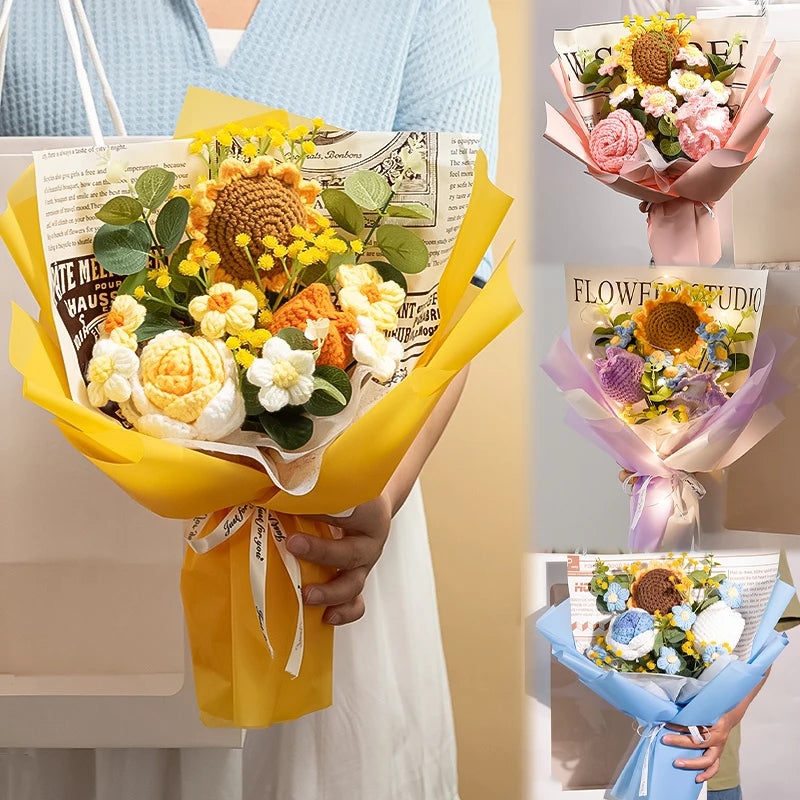 Finished Knitted Flowers Bouquet | Artificial Sunflower Rose Crochet Flowers