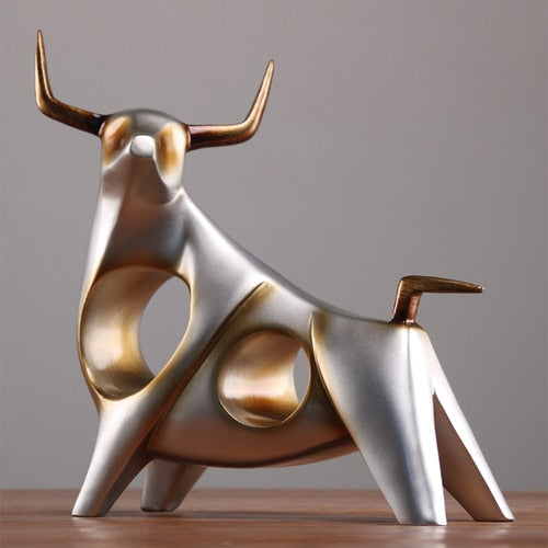 Modern Bull Sculptures | Gold and Silver Resin Animal Figurines for Home Décor