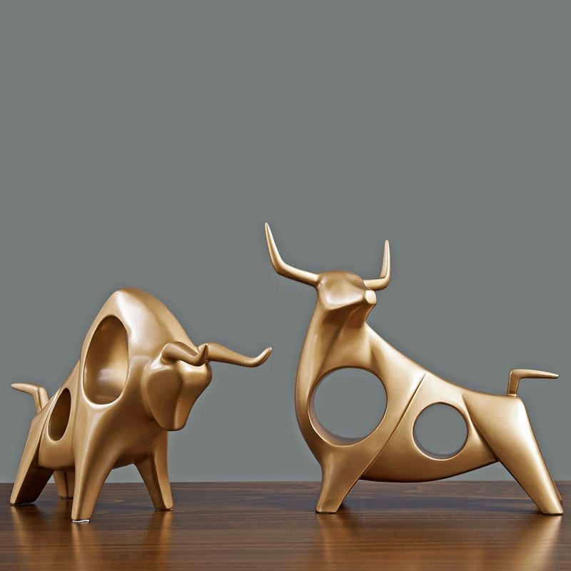 Modern Bull Sculptures | Gold and Silver Resin Animal Figurines for Home Décor