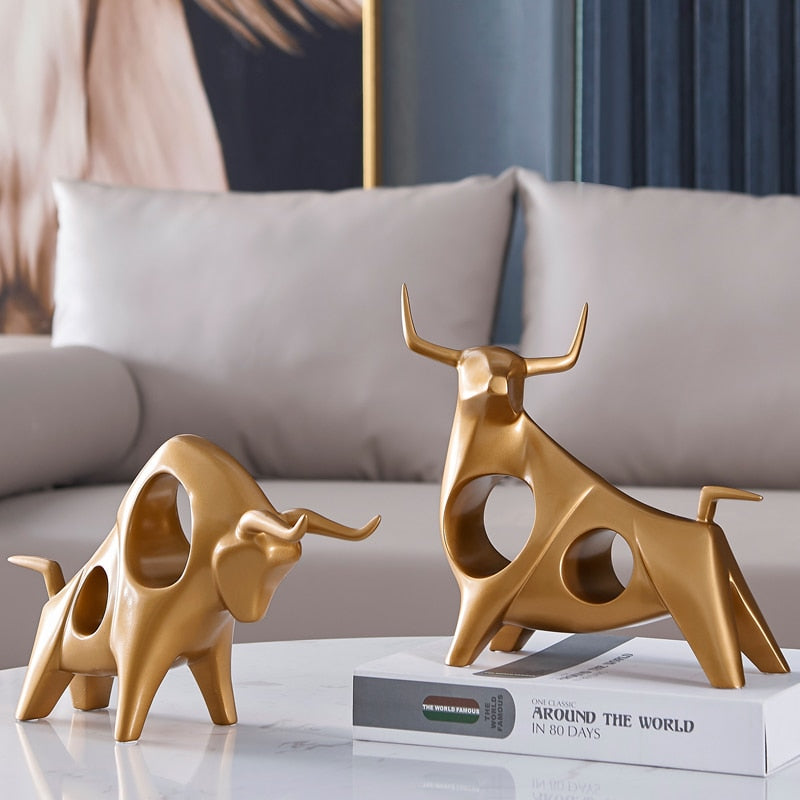 Modern Bull Sculptures | Gold and Silver Resin Animal Figurines for Home Décor