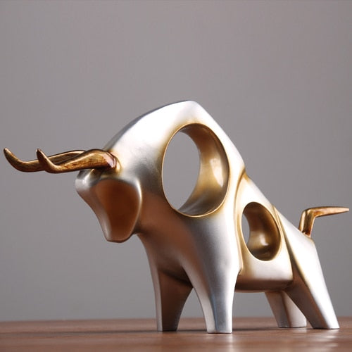 Modern Bull Sculptures | Gold and Silver Resin Animal Figurines for Home Décor