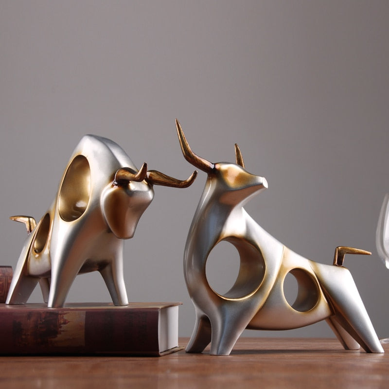 Modern Bull Sculptures | Gold and Silver Resin Animal Figurines for Home Décor