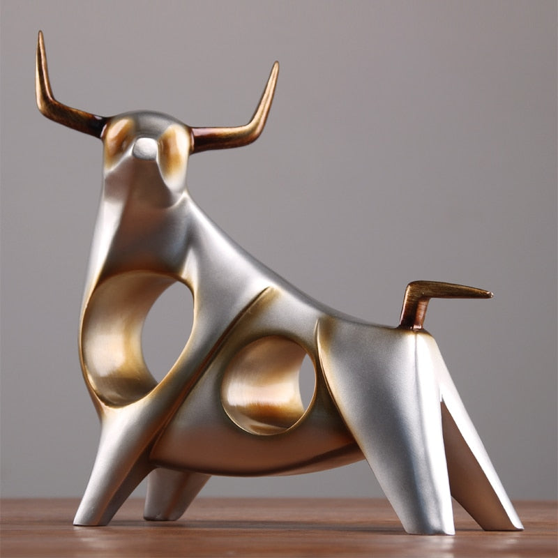 Modern Bull Sculptures | Gold and Silver Resin Animal Figurines for Home Décor
