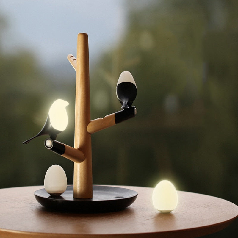 Bird Night Light | Wooden LED Lamp with Detachable Birds