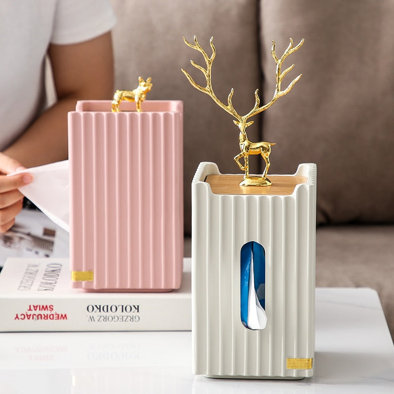 Golden Deer Tissue Box | Resin Stripes Rectangular Tissue Box