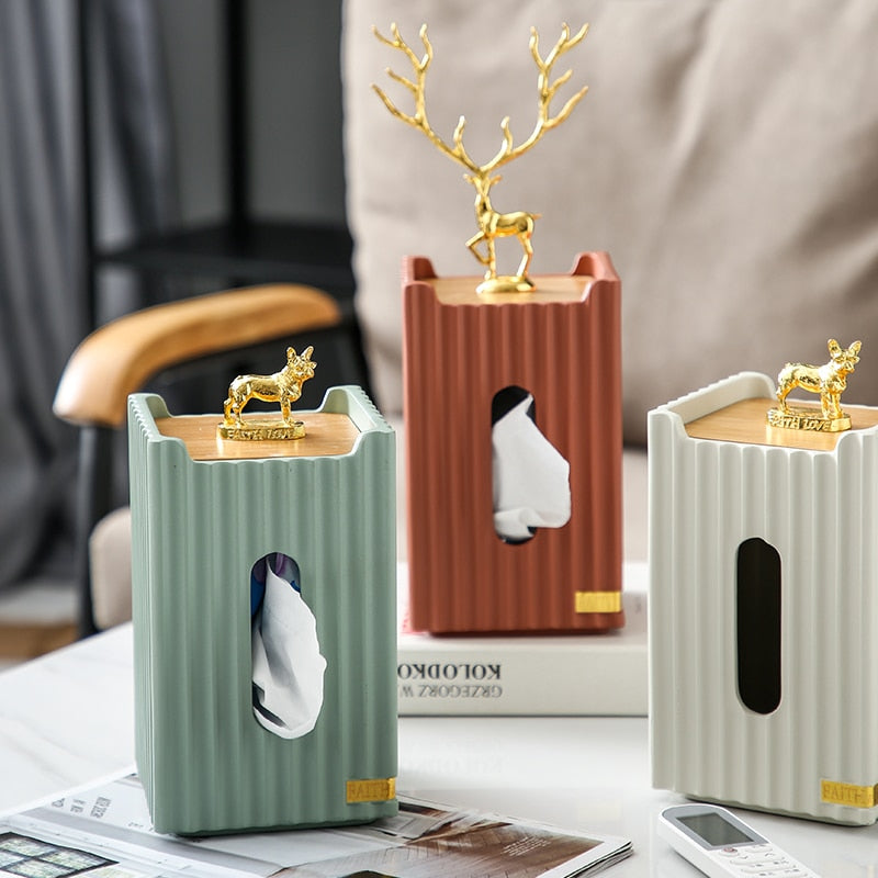 Golden Deer Tissue Box | Resin Stripes Rectangular Tissue Box