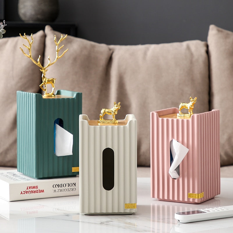 Golden Deer Tissue Box | Resin Stripes Rectangular Tissue Box