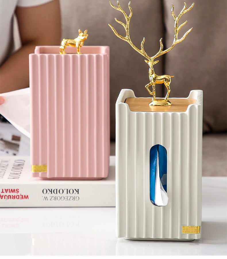 Golden Deer Tissue Box | Resin Stripes Rectangular Tissue Box