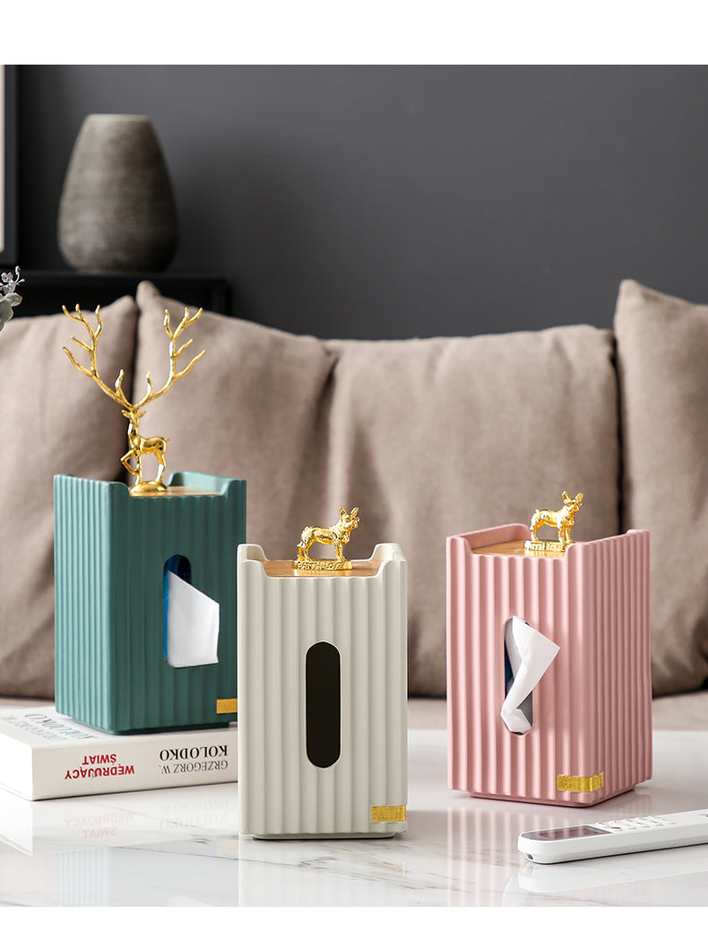 Golden Deer Tissue Box | Resin Stripes Rectangular Tissue Box