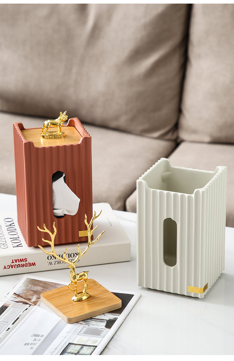 Golden Deer Tissue Box | Resin Stripes Rectangular Tissue Box