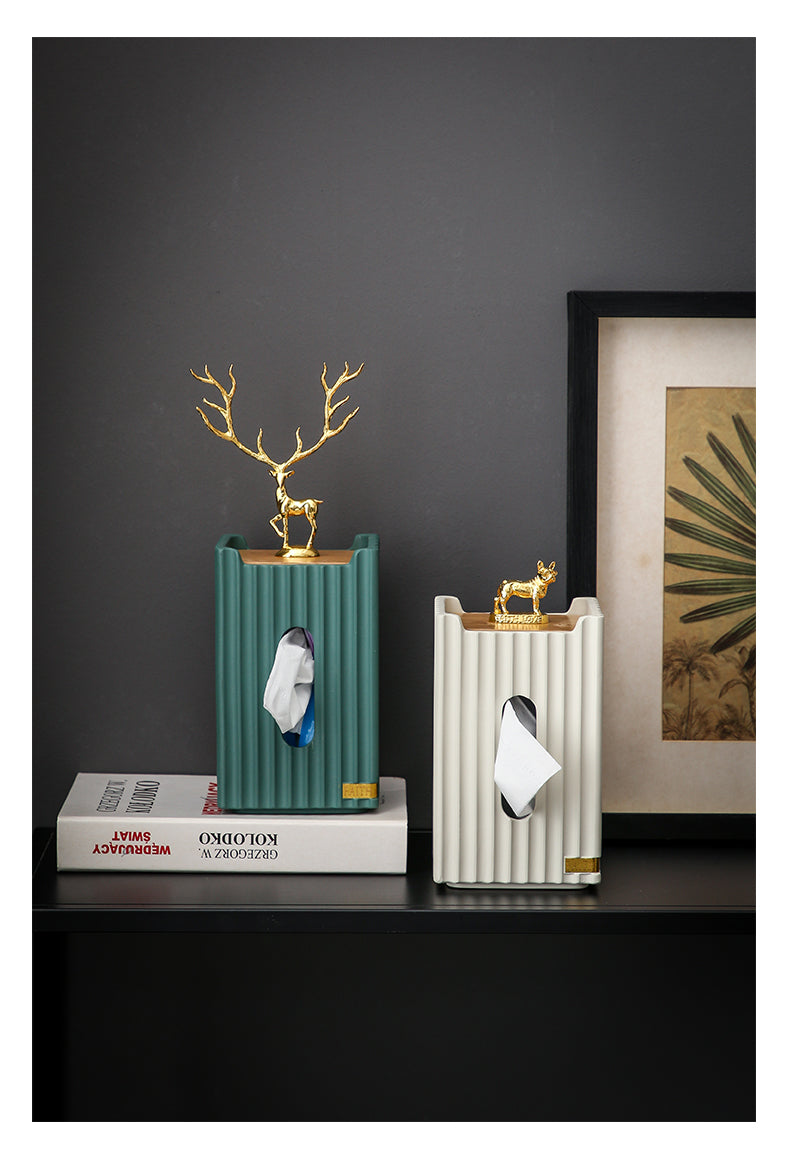 Golden Deer Tissue Box | Resin Stripes Rectangular Tissue Box