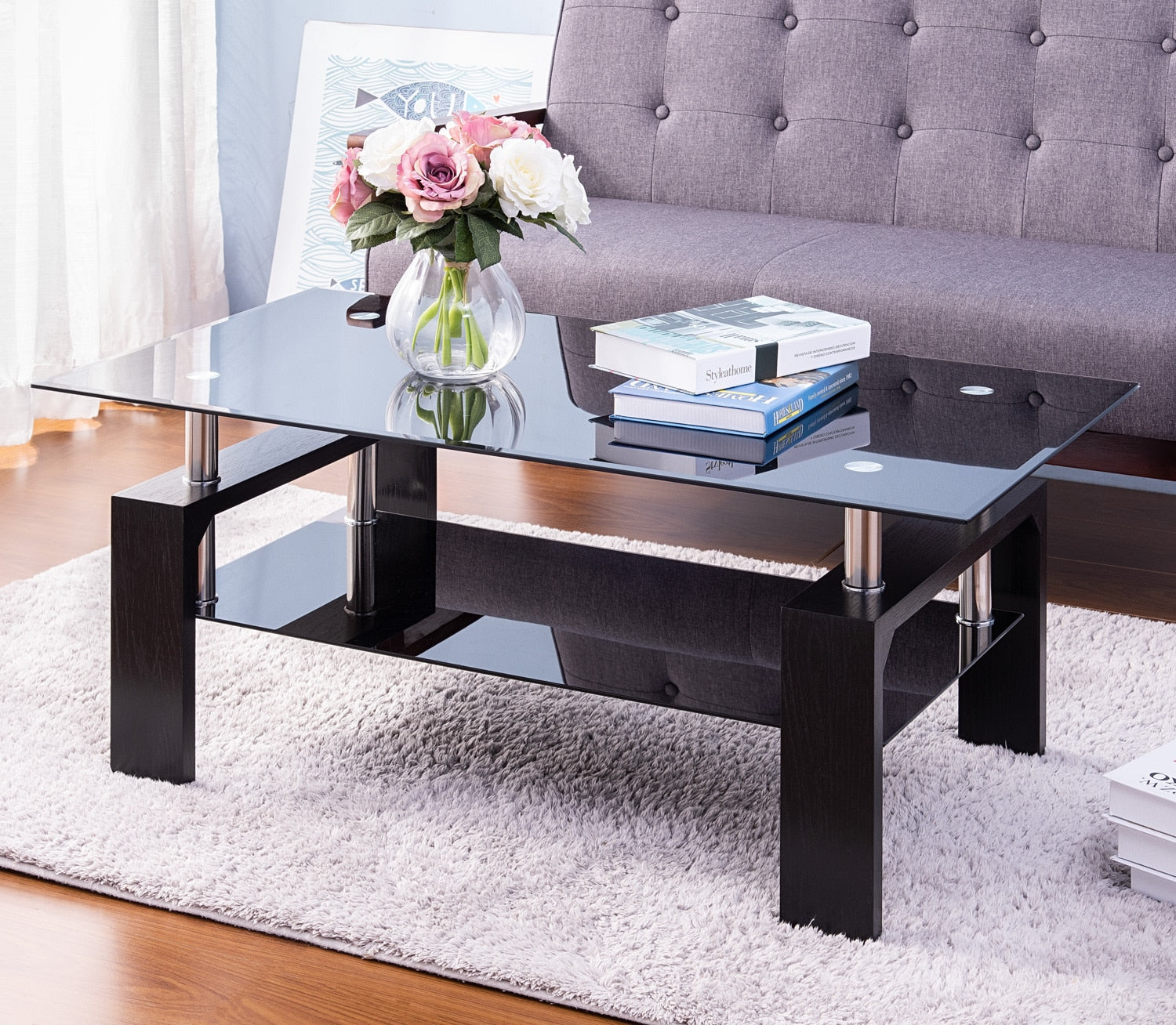 glass coffee table with shelf